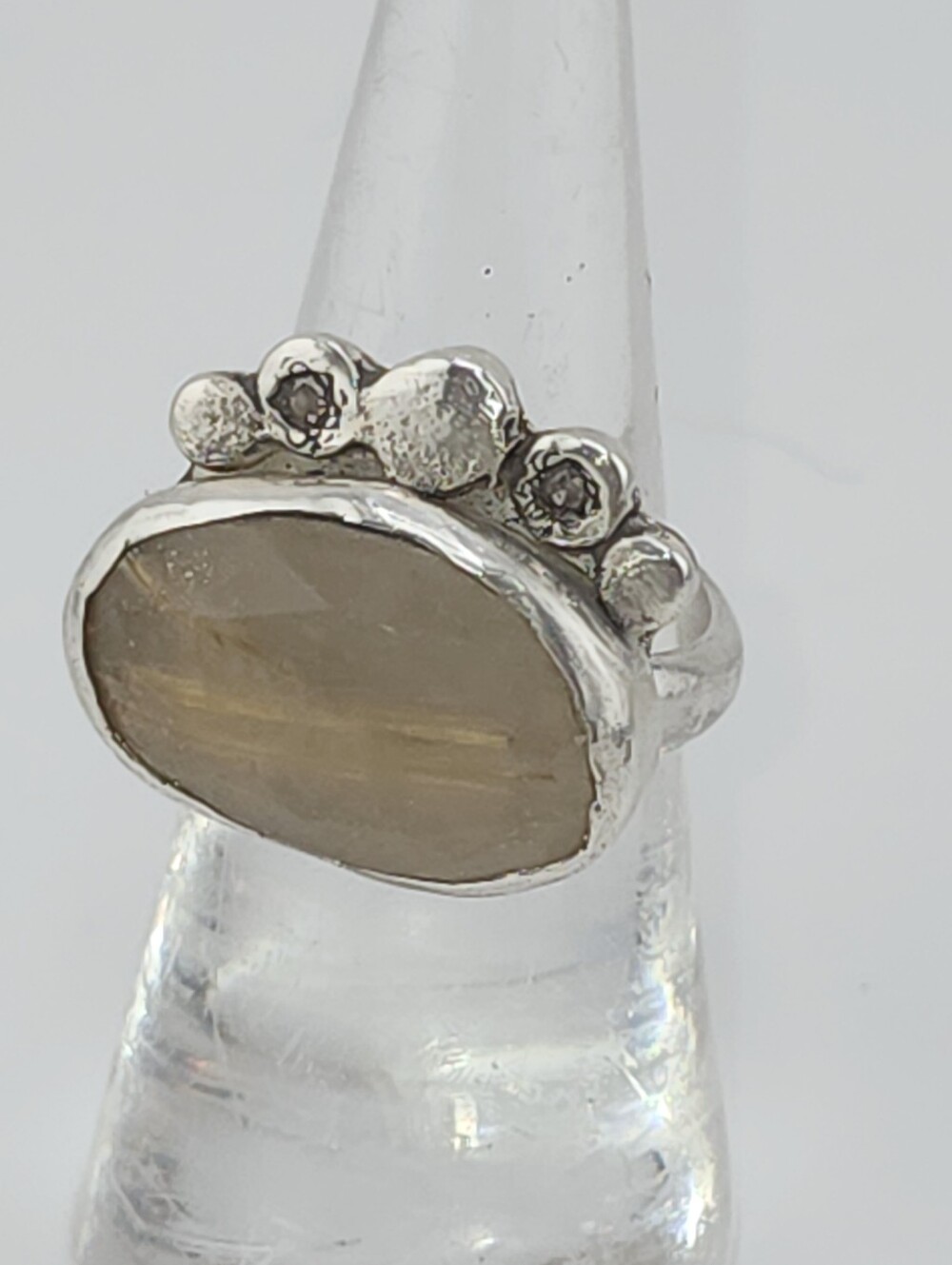 RUTILATED QUARTZ & 2 ZIRCONIAS HANDMADE RING SZ 7
